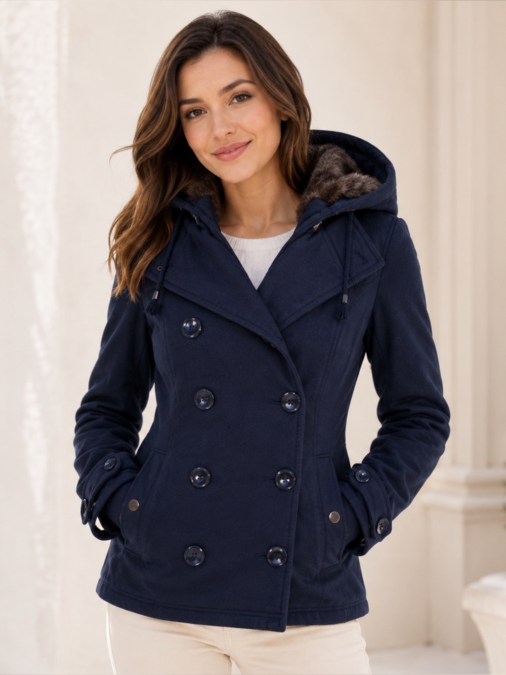 Wet Seal Navy Faux Fur Detachable Hood Peacoat Jacket Women’s Medium Y2K